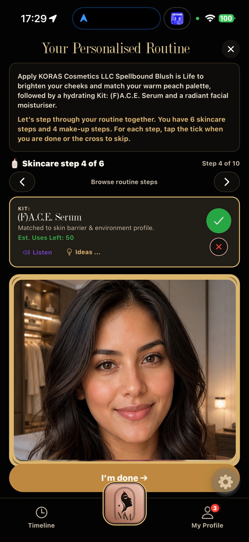 Mirror Mirror personalised beauty routine screen